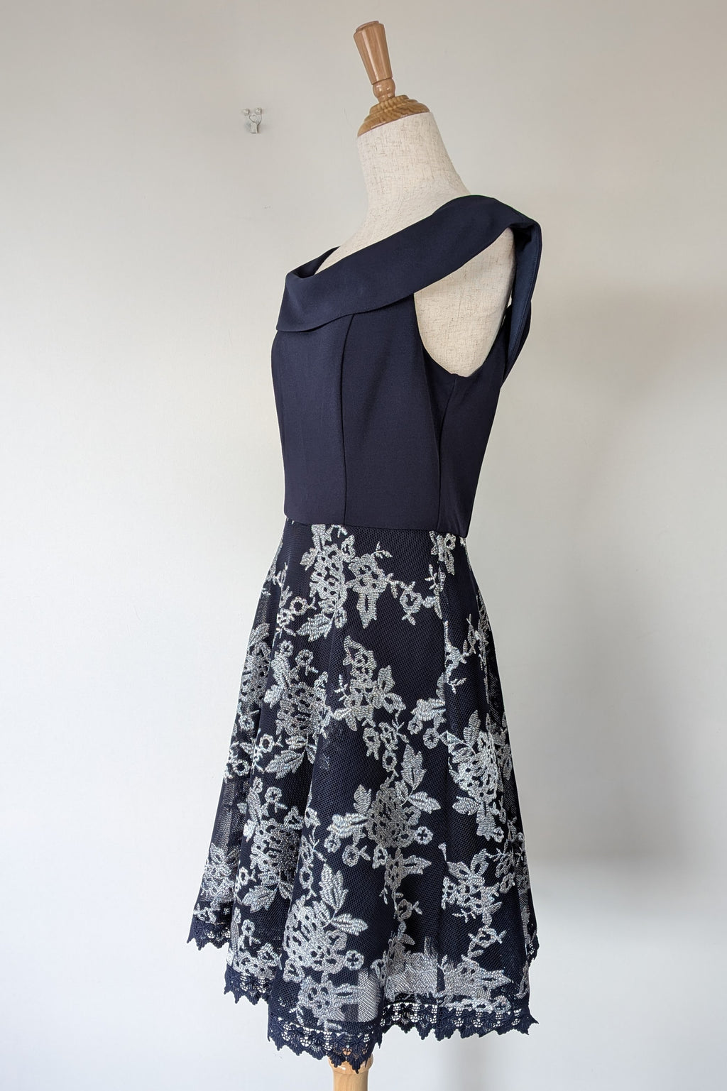 Review Navy & Silver Metallic Embroidered Lace Off The Shoulder Dress Size 12