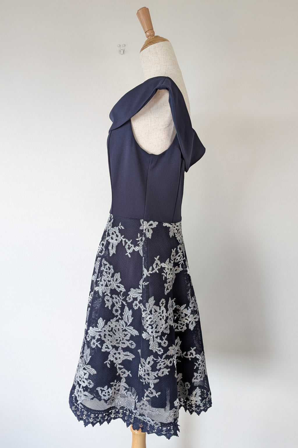 Review Navy & Silver Metallic Embroidered Lace Off The Shoulder Dress Size 12