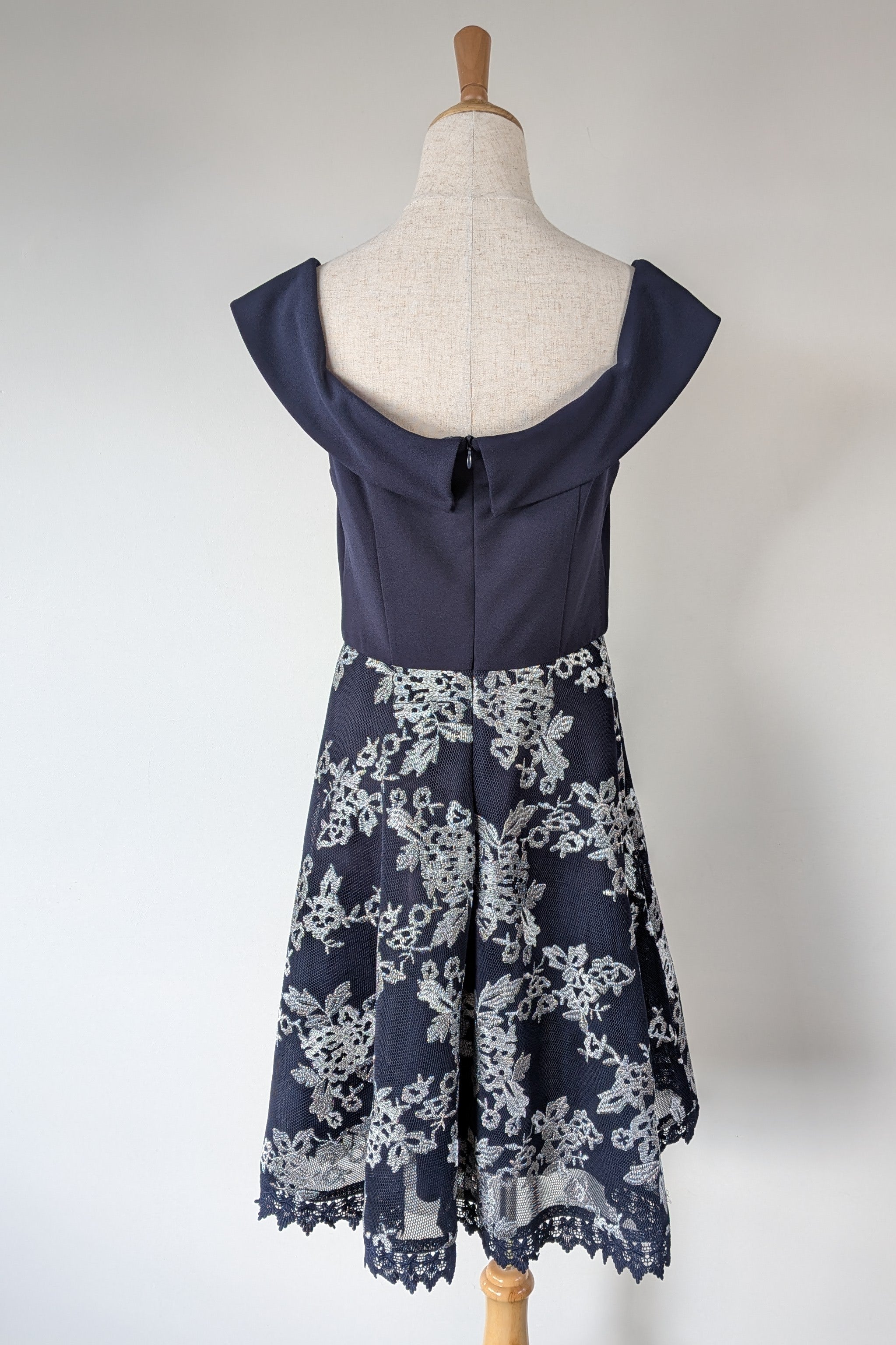 Review Navy & Silver Metallic Embroidered Lace Off The Shoulder Dress Size 12