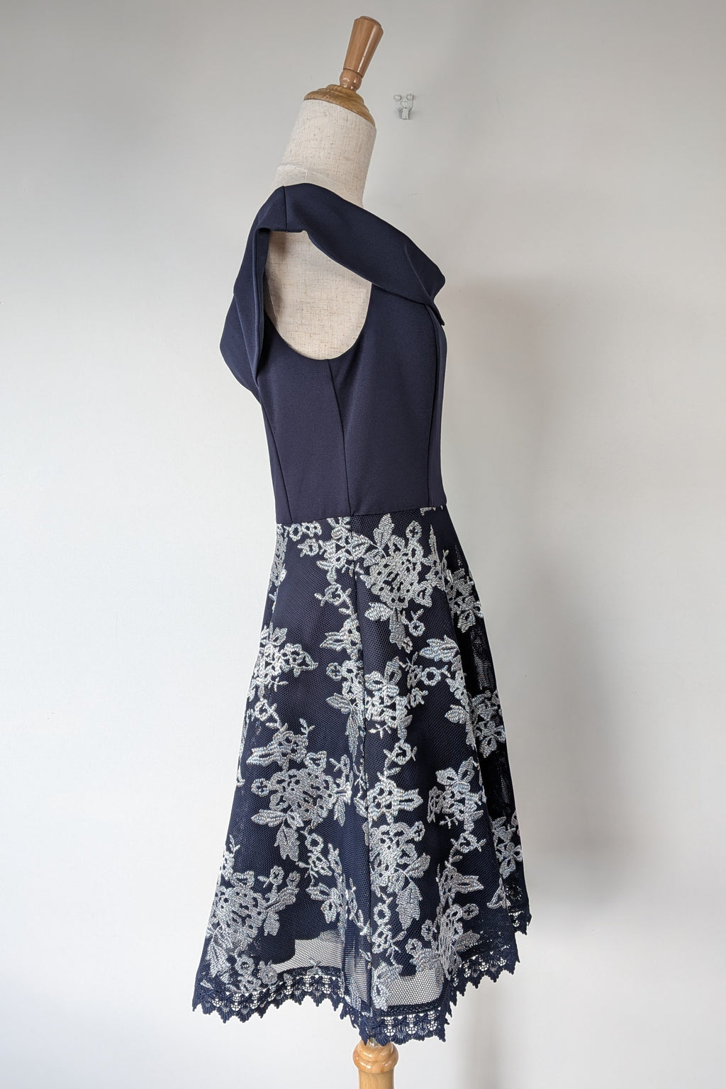 Review Navy & Silver Metallic Embroidered Lace Off The Shoulder Dress Size 12