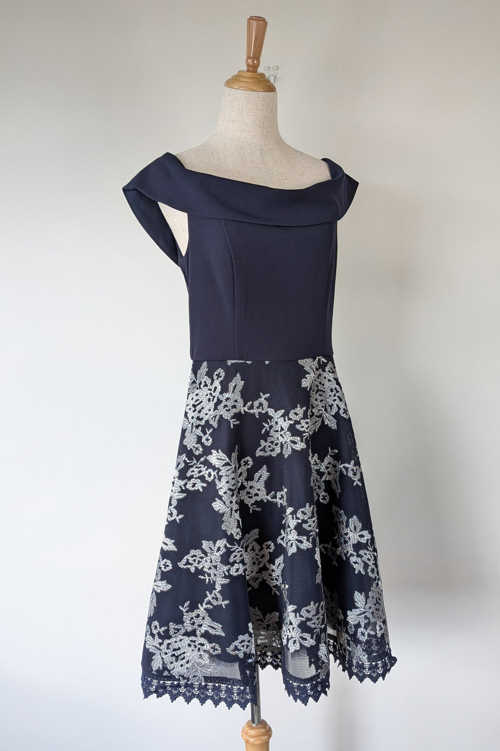 Review Navy & Silver Metallic Embroidered Lace Off The Shoulder Dress Size 12