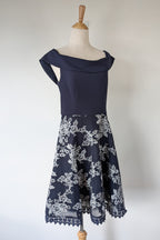 Review Navy & Silver Metallic Embroidered Lace Off The Shoulder Dress Size 12