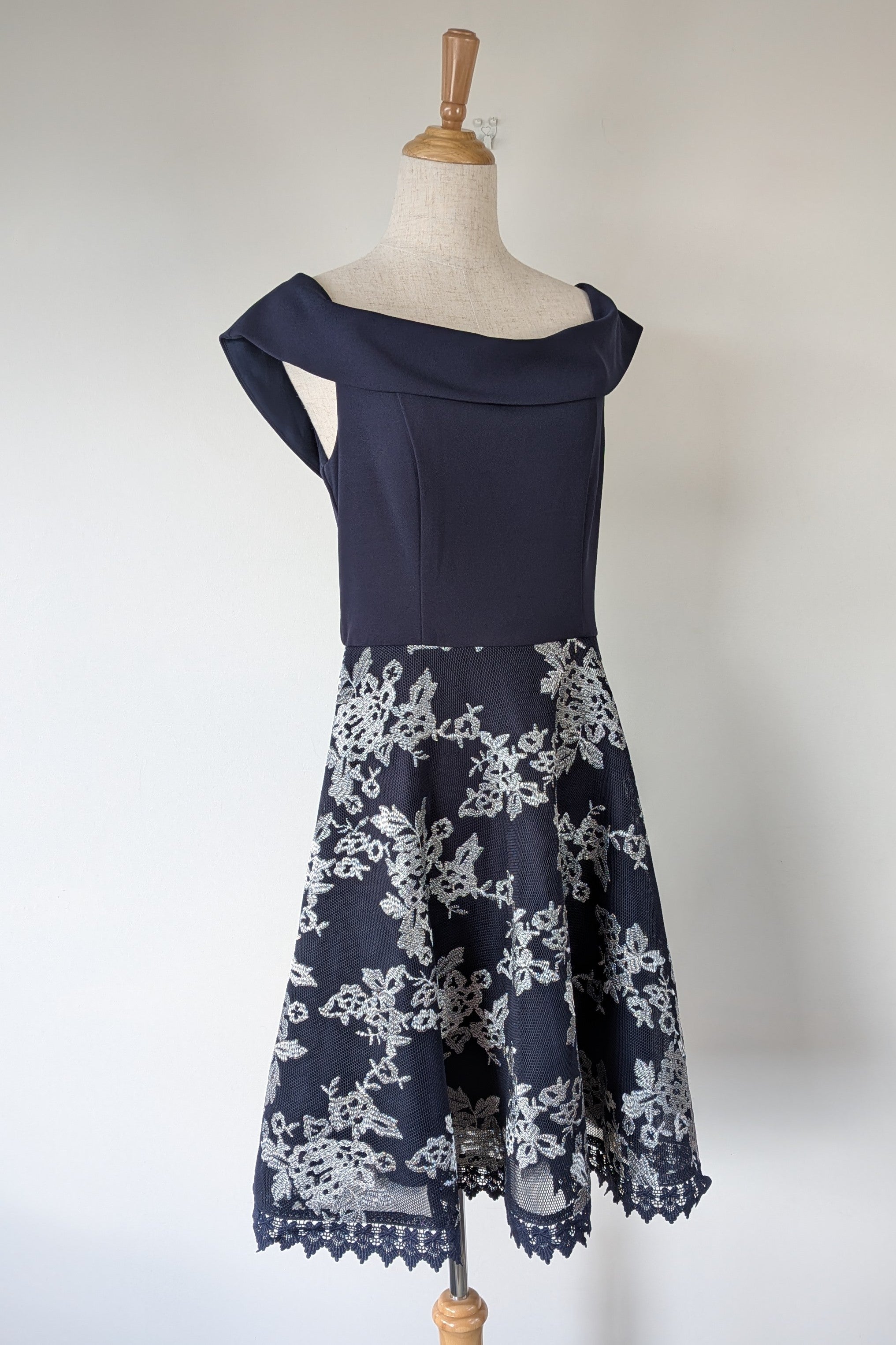 Review Navy & Silver Metallic Embroidered Lace Off The Shoulder Dress Size 12