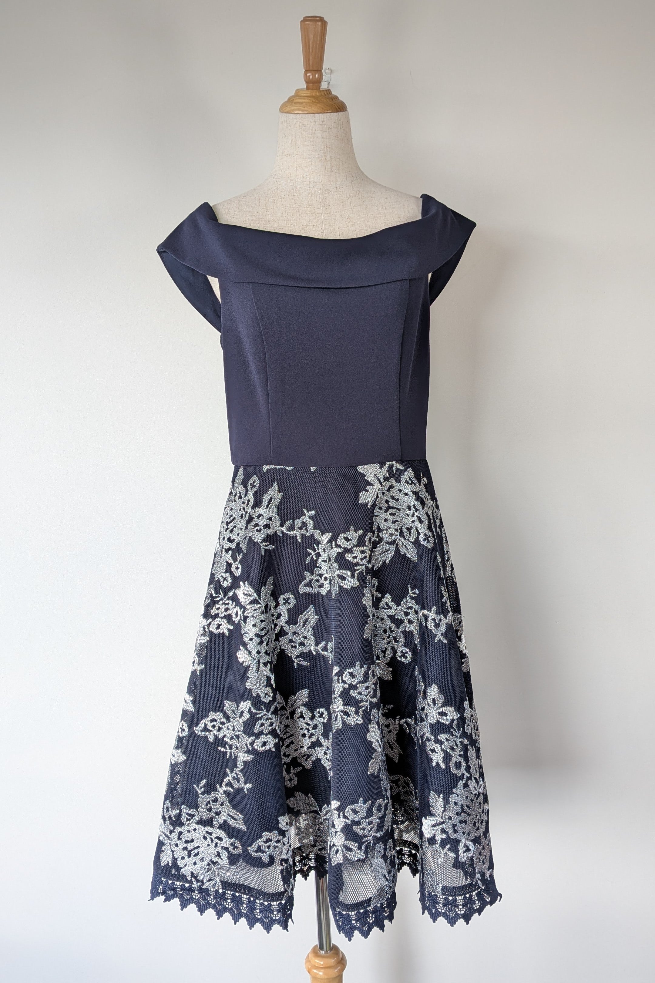 Review Navy & Silver Metallic Embroidered Lace Off The Shoulder Dress Size 12