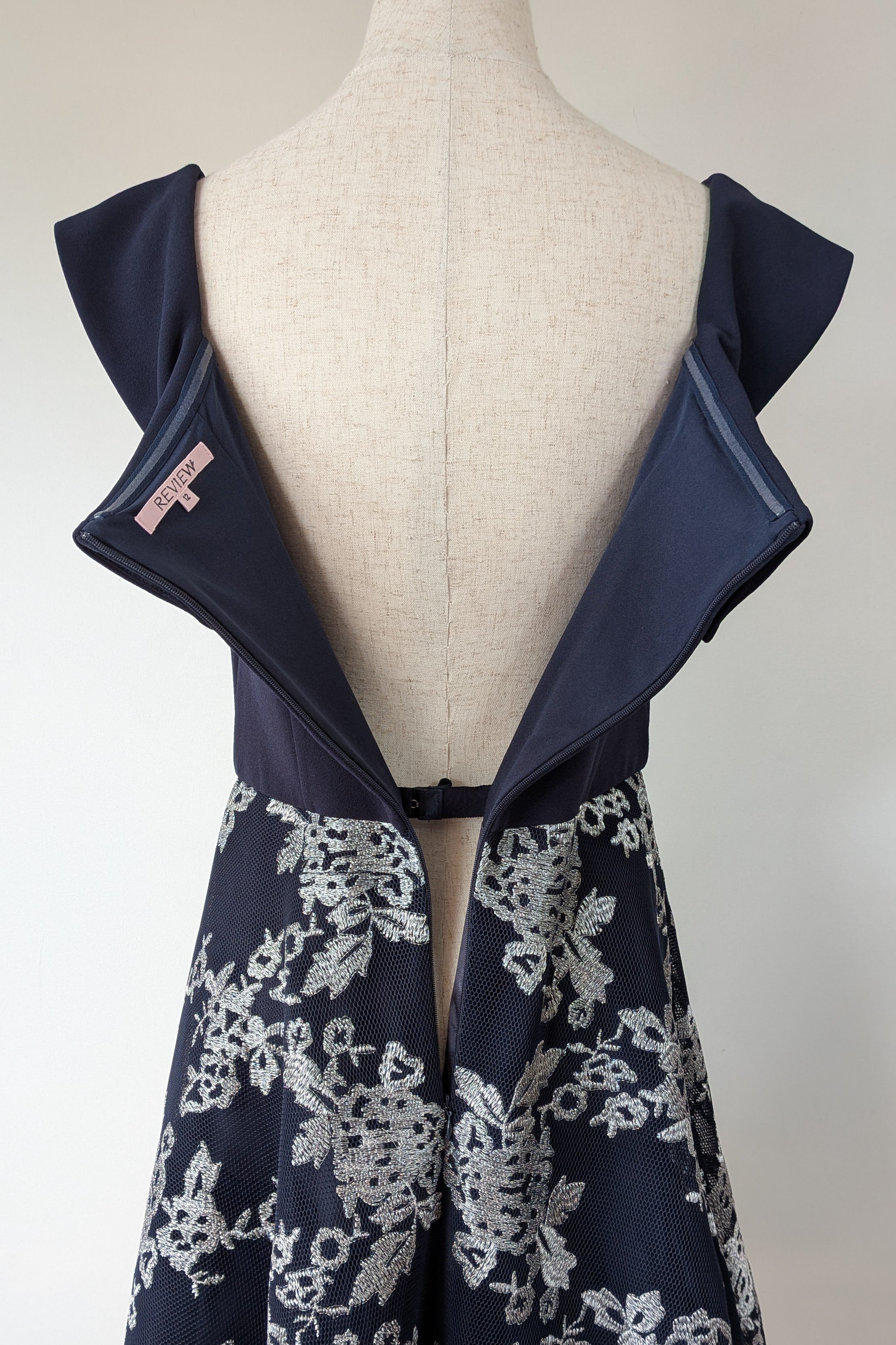 Review Navy & Silver Metallic Embroidered Lace Off The Shoulder Dress Size 12
