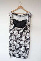 Lady Vintage London 1950s Monochrome Rose Pencil Wiggle Dress Size 18