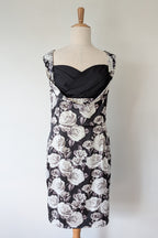 Lady Vintage London 1950s Monochrome Rose Pencil Wiggle Dress Size 18