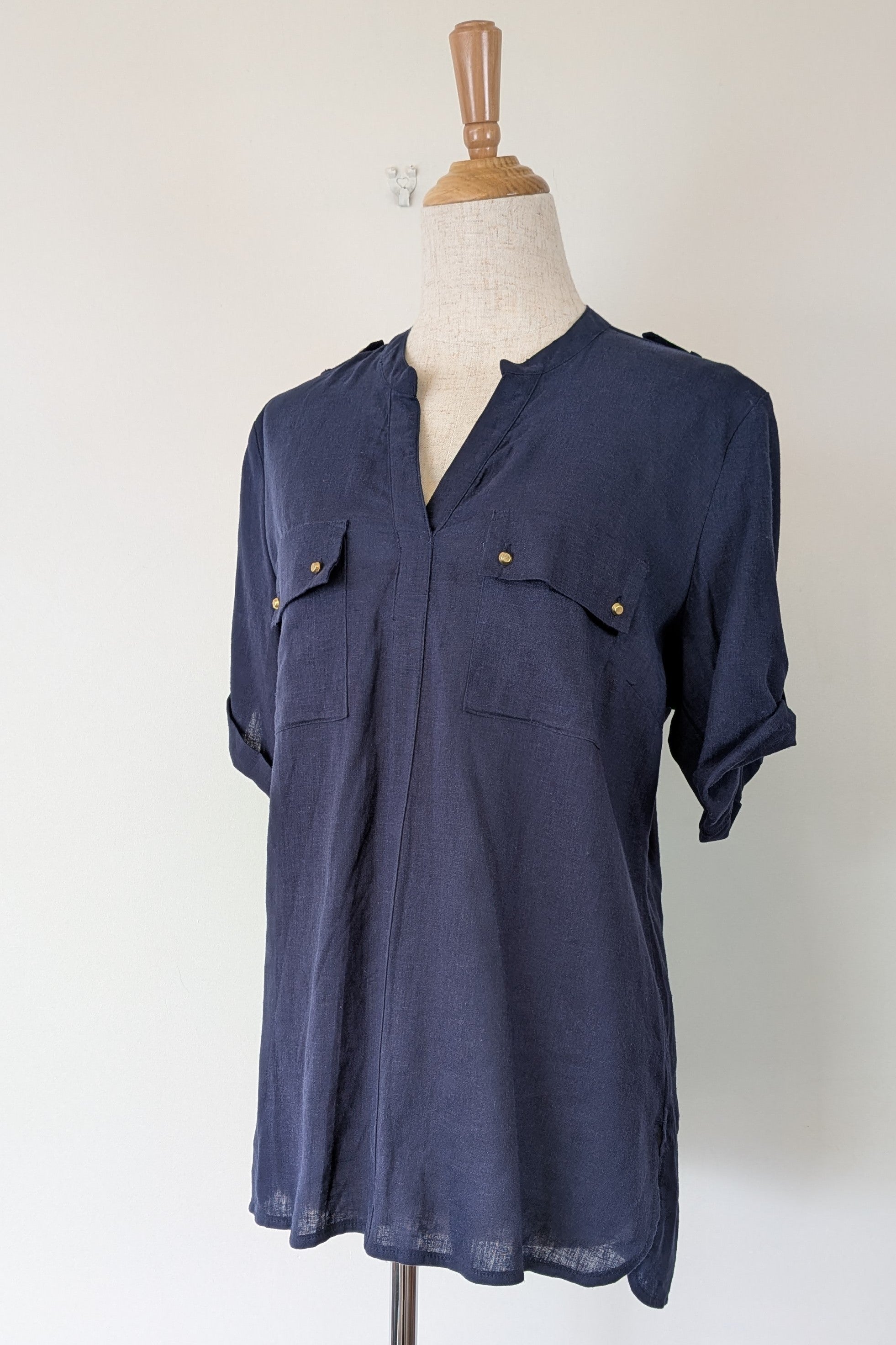 Rockmans Navy Linen Blend Utility Shirt Size 12 BNWT RRP $39.99