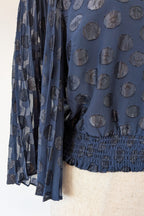 Wayne Cooper Navy Black Polka Dot Pleated Fan Sleeve Wrap Top Size 10