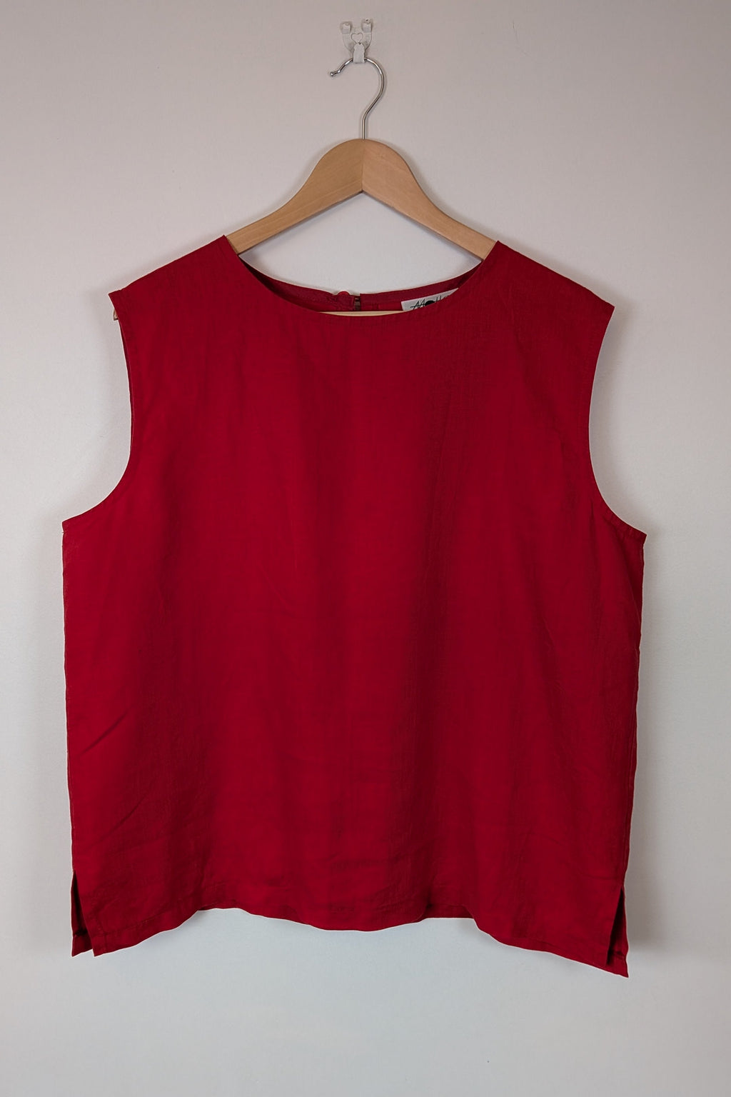 Vintage 90s Motto Red Sleeveless 100% Linen Shirt Size 16