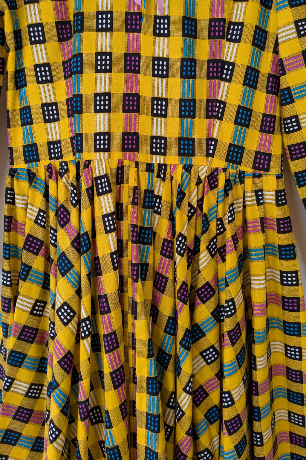 Vintage 70s Handmade Yellow Plaid Fit and Flare Midi Dress Size 4