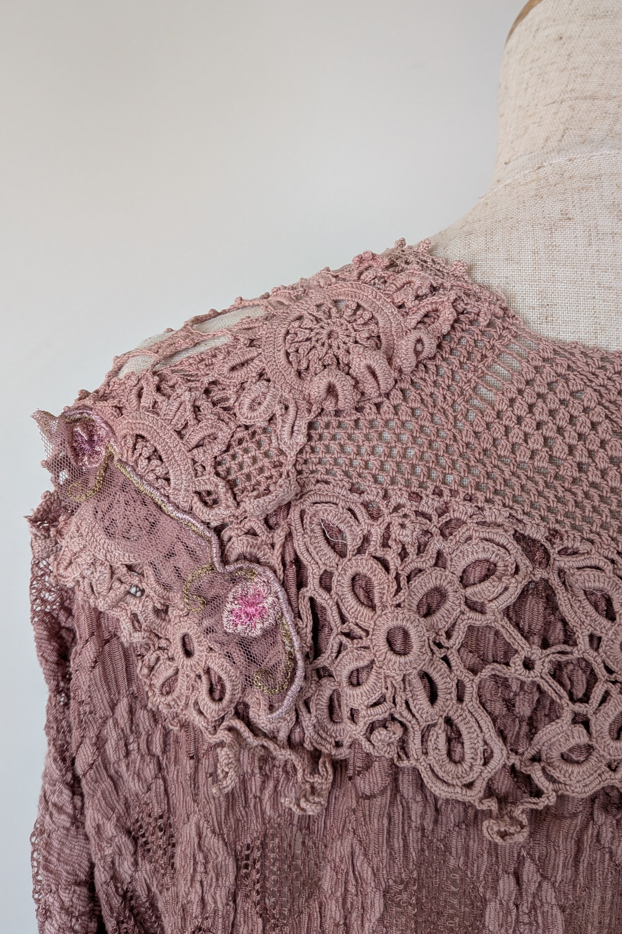 Lace Palace Antique Lace Crochet Pink Fairycore Tunic Top Size S/M