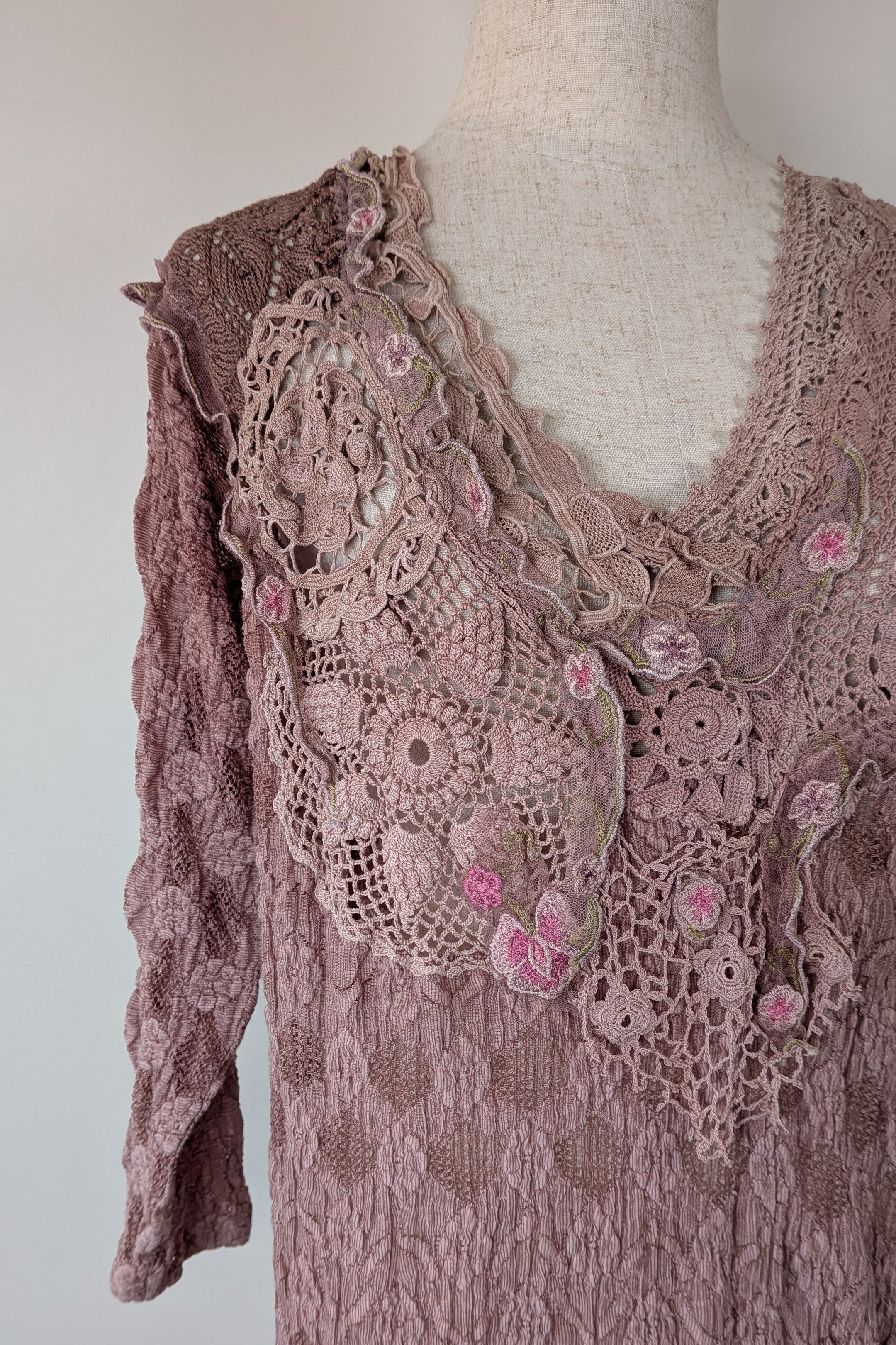Lace Palace Antique Lace Crochet Pink Fairycore Tunic Top Size S/M