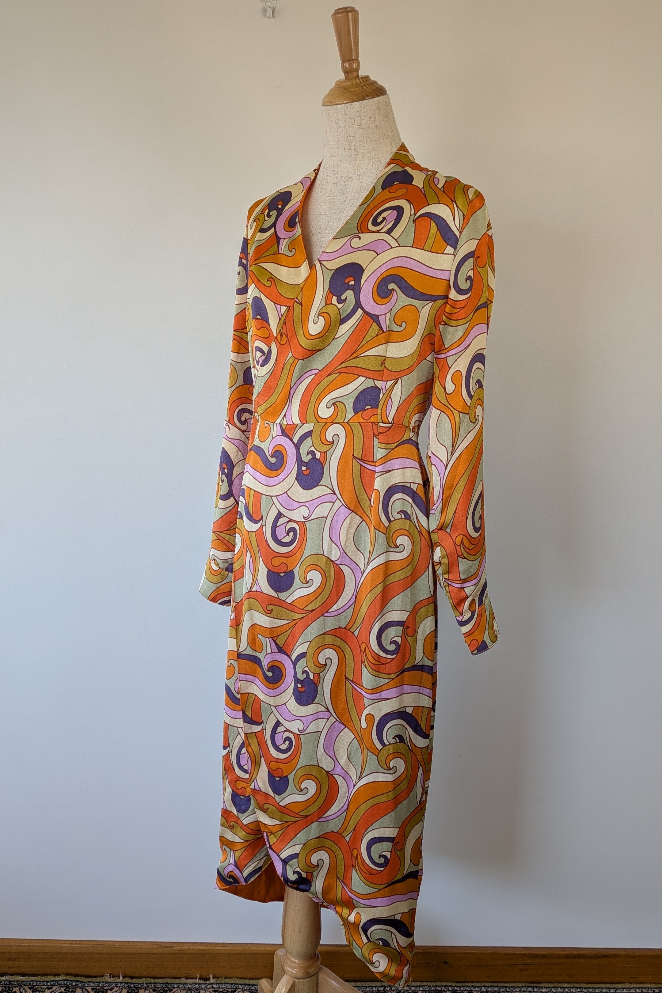 Never Fully Dressed Retro Groove Orange Wrap Midi Dress Size S