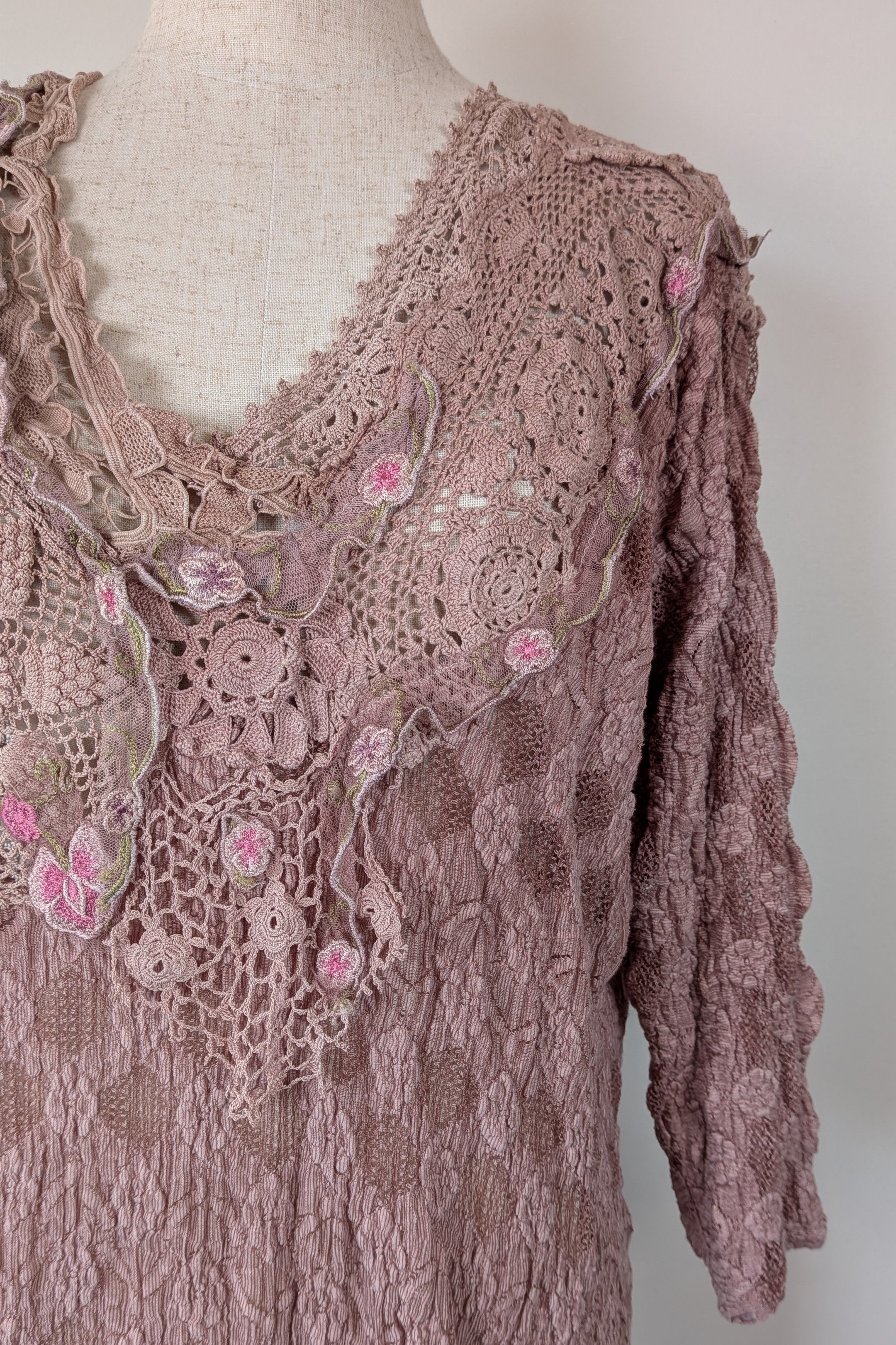 Lace Palace Antique Lace Crochet Pink Fairycore Tunic Top Size S/M