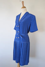 Vintage 80s Today's Classics Blue & White Polka Dot Pleated Tea Dress Size 12
