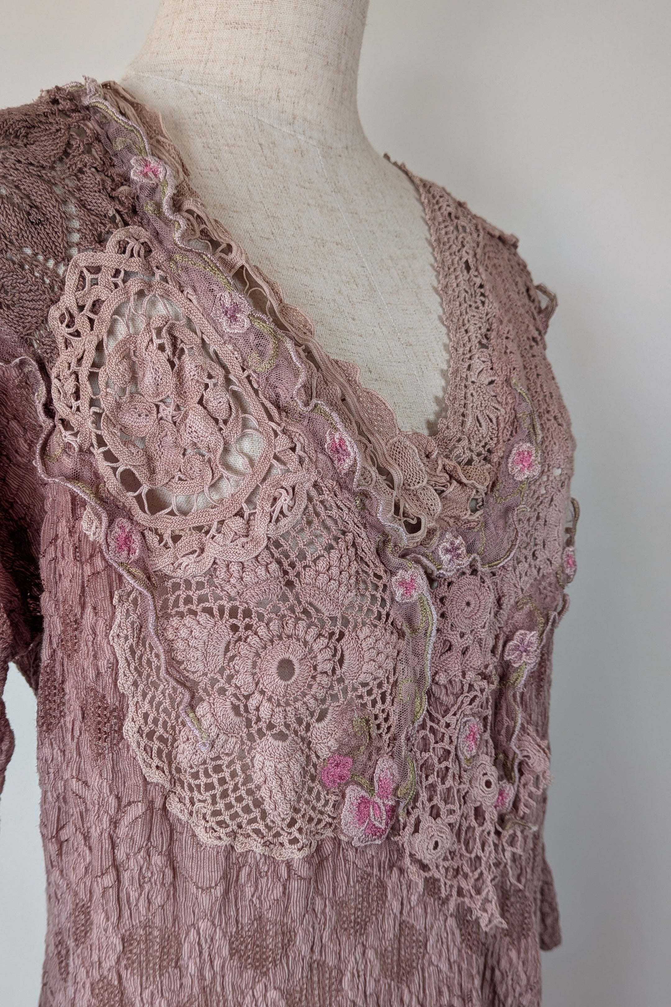 Lace Palace Antique Lace Crochet Pink Fairycore Tunic Top Size S/M