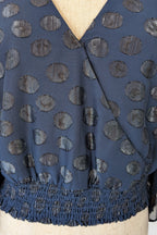 Wayne Cooper Navy Black Polka Dot Pleated Fan Sleeve Wrap Top Size 10