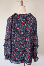 Liz Jordan Designer Collection Frill Trim Lurex Printed Top in Midnight Size 8 BNWT RRP $139.99