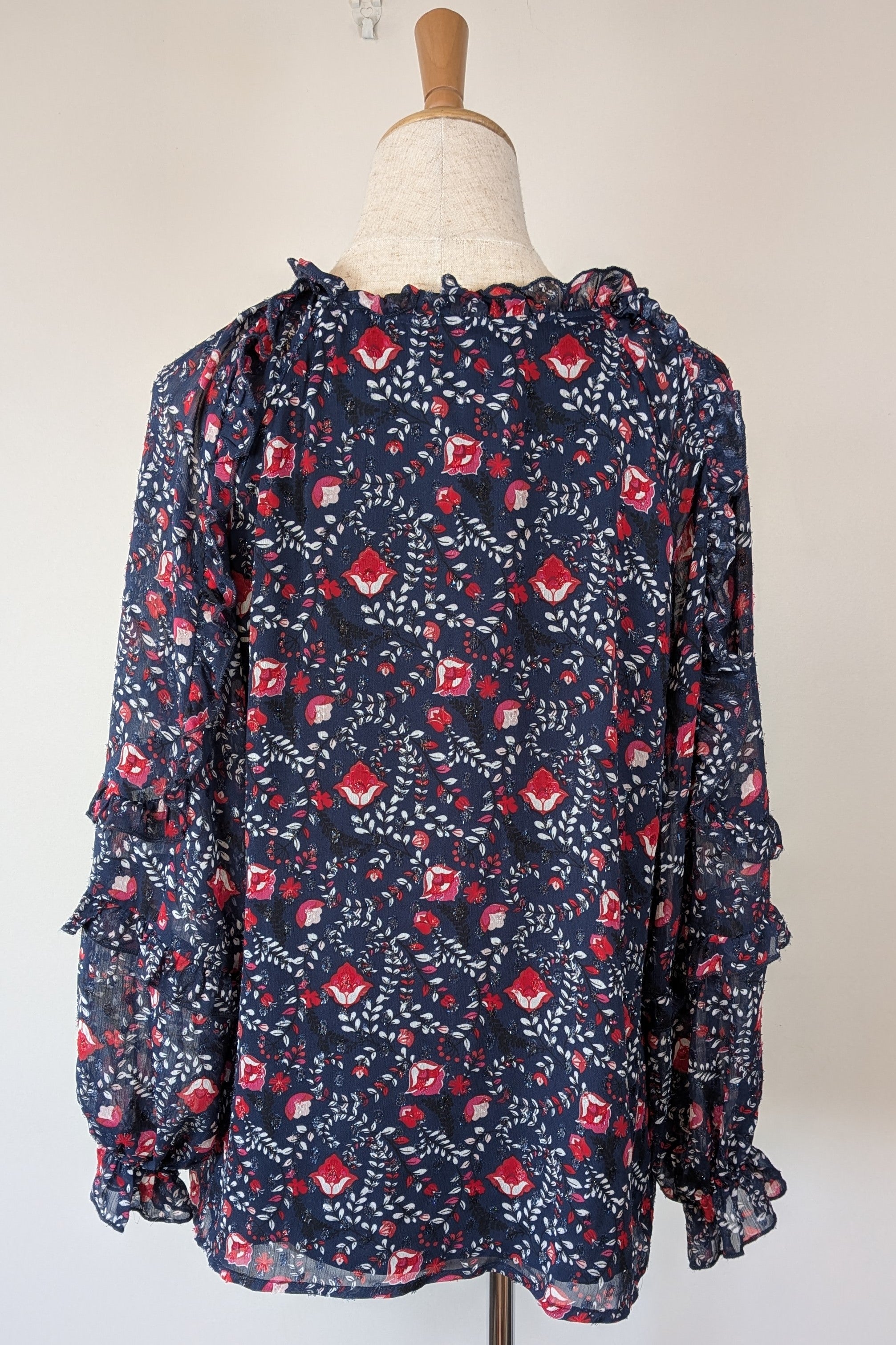 Liz Jordan Designer Collection Frill Trim Lurex Printed Top in Midnight Size 8 BNWT RRP $139.99
