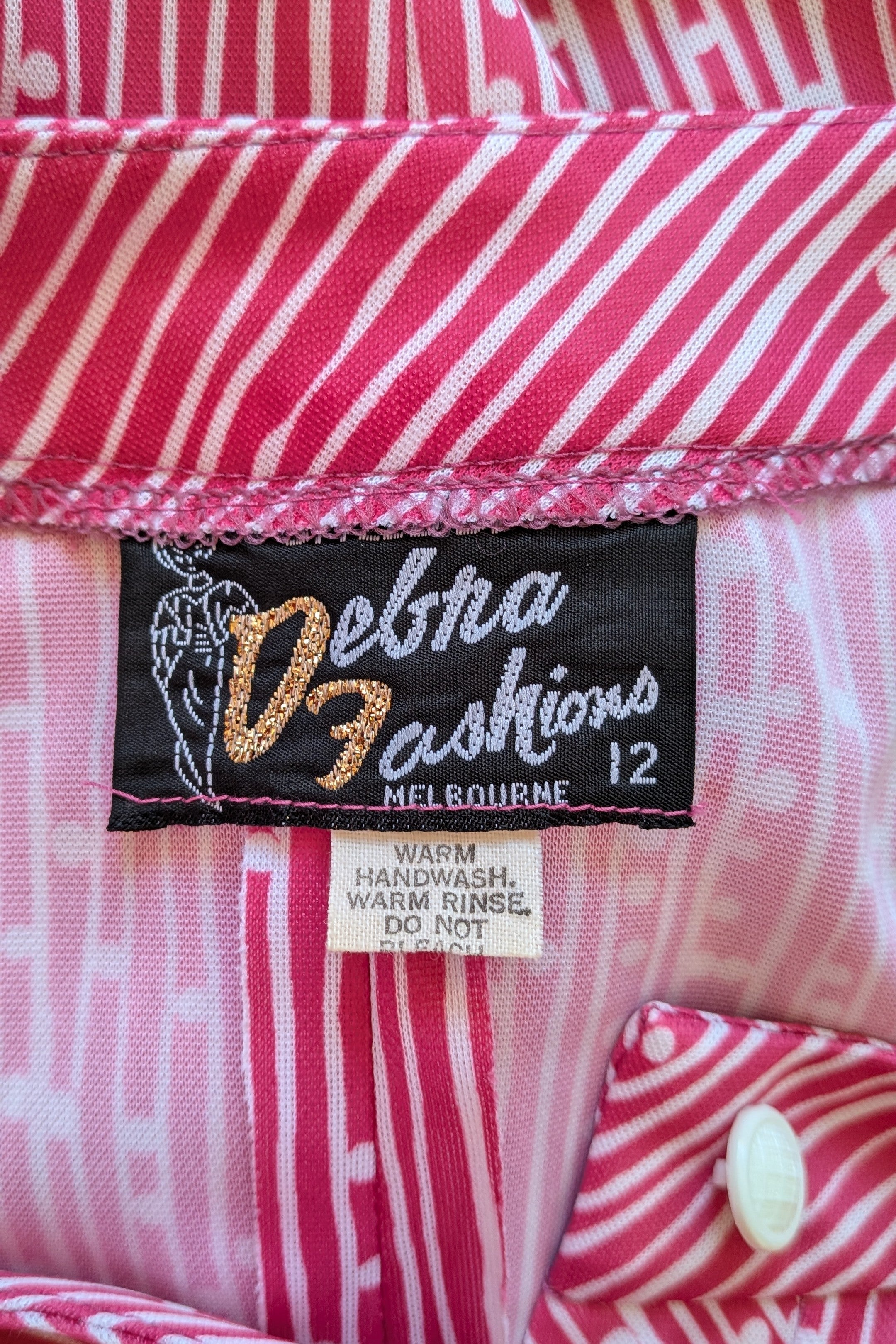 Vintage 80s Debra Fashions Melbourne Pink & White Abstract Pattern Shirtwaister Dress Size 10/12