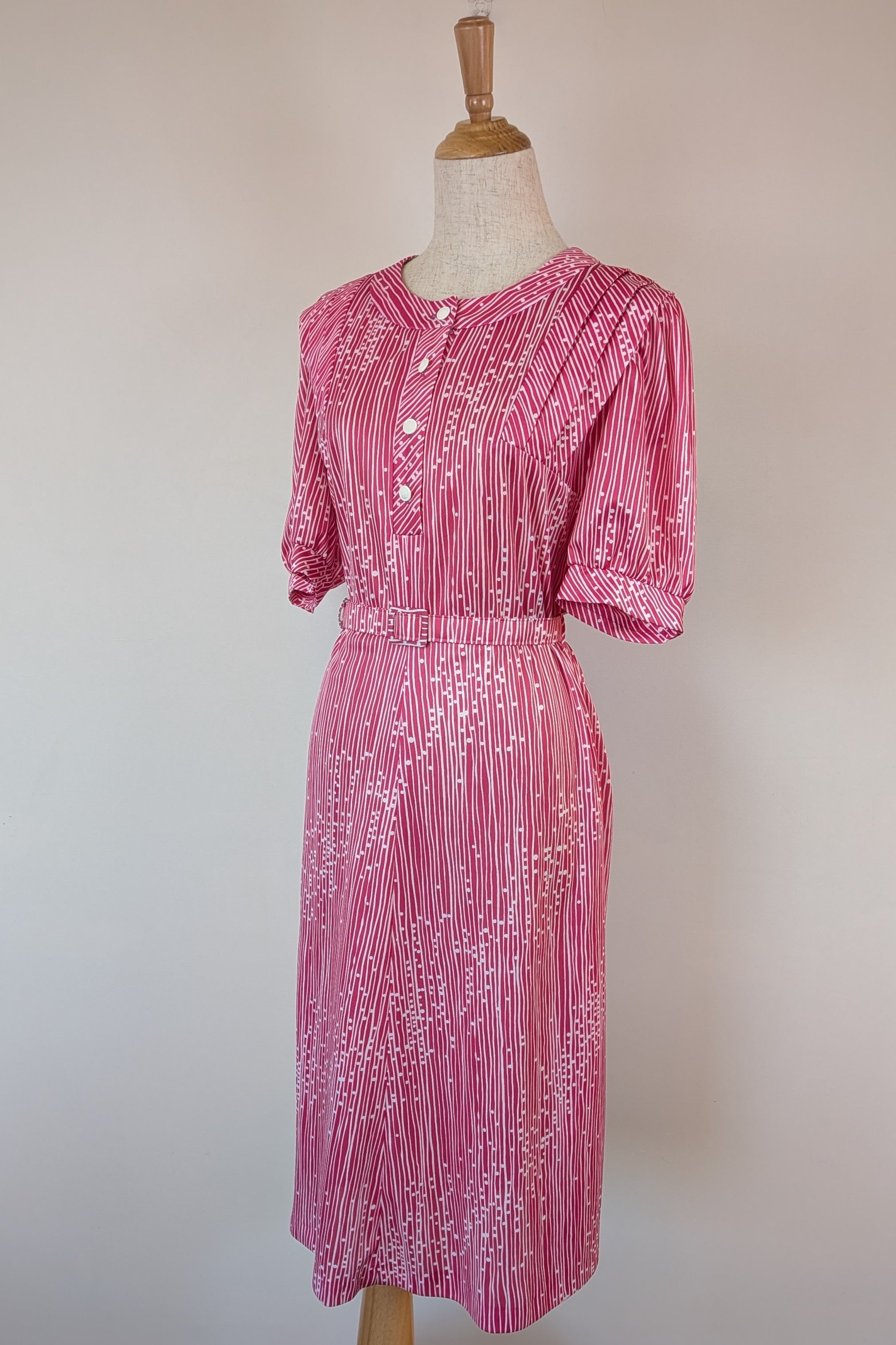 Vintage 80s Debra Fashions Melbourne Pink & White Abstract Pattern Shirtwaister Dress Size 10/12