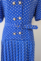 Vintage 80s Today's Classics Blue & White Polka Dot Pleated Tea Dress Size 12