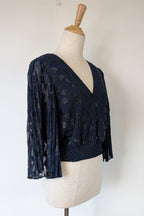 Wayne Cooper Navy Black Polka Dot Pleated Fan Sleeve Wrap Top Size 10