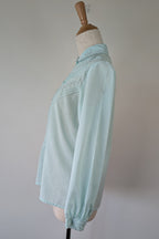 Vintage 70s Robert Lin International Blue Embroidered Blouse Size 10