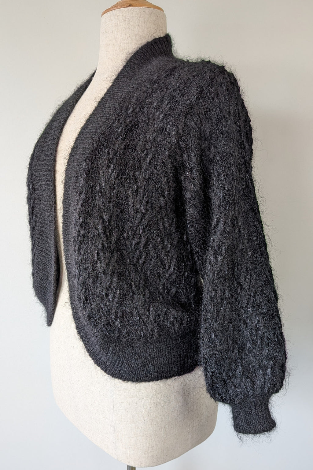 Vintage 80s Bettina Knits Black Wool Blend Bomber Cardigan Size S