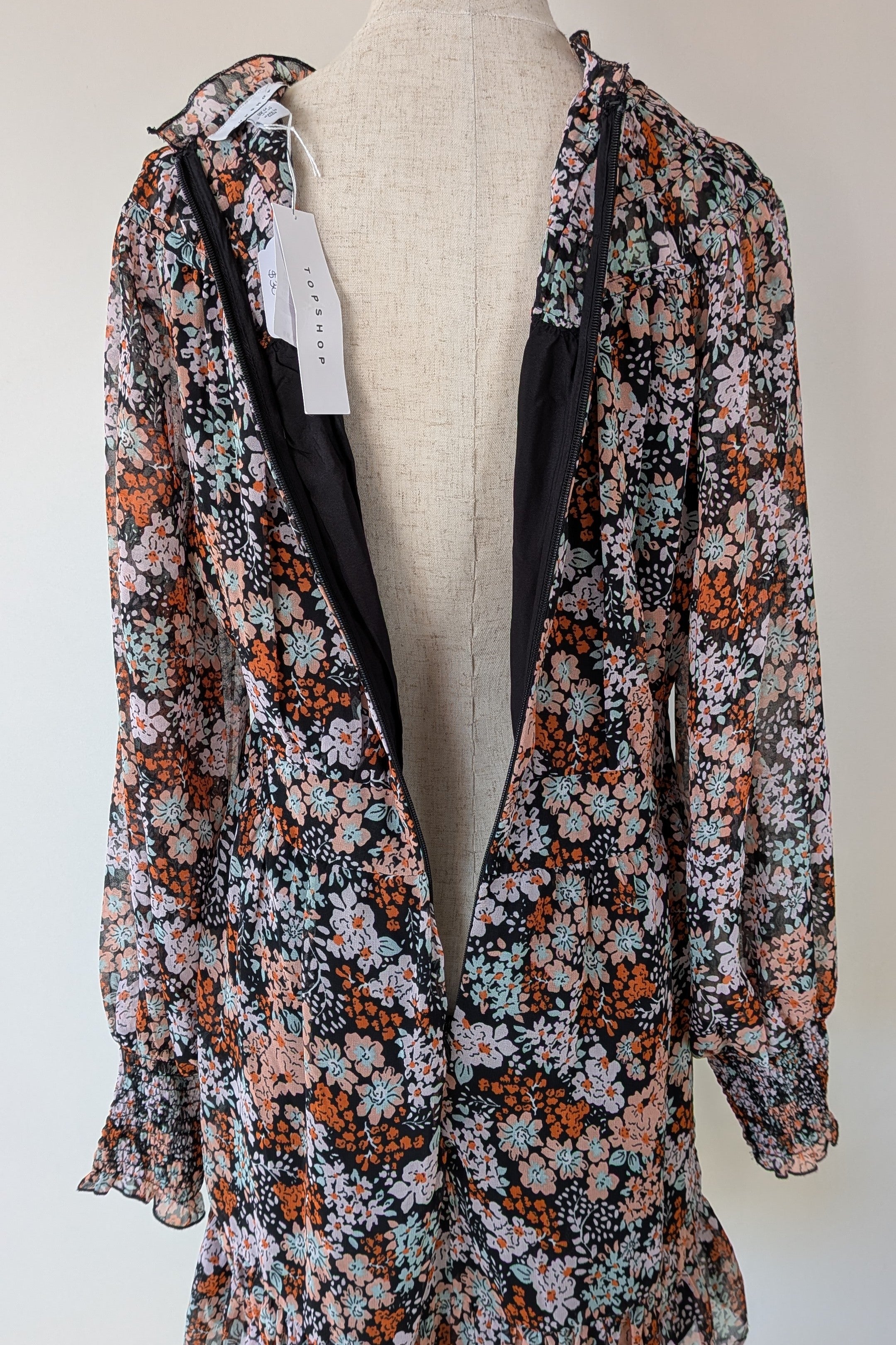 Topshop Floral Print Ruched Mini Dress Sz 14 RRP $80