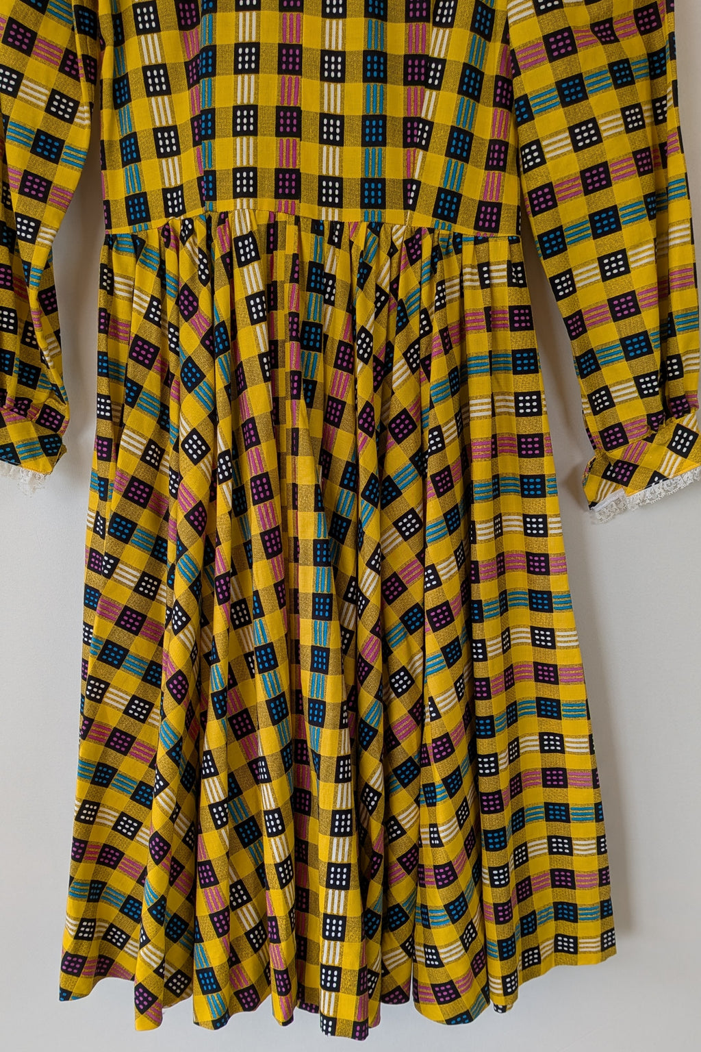 Vintage 70s Handmade Yellow Plaid Fit and Flare Midi Dress Size 4
