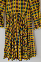 Vintage 70s Handmade Yellow Plaid Fit and Flare Midi Dress Size 4