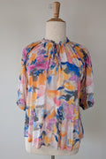 Blue Illusion Painterly Floral Print Peasant Shirt Size L