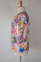 Blue Illusion Painterly Floral Print Peasant Shirt Size L