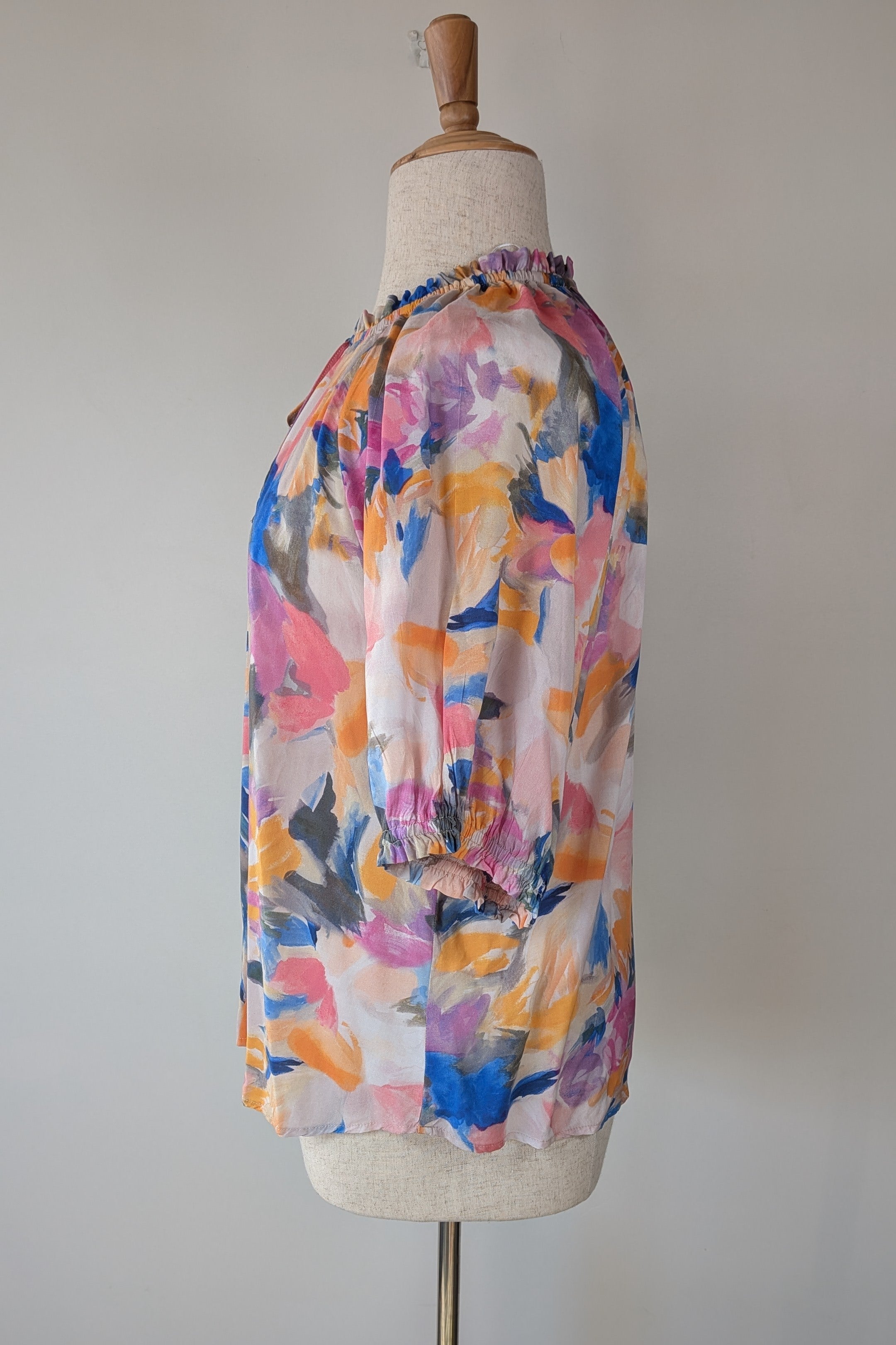 Blue Illusion Painterly Floral Print Peasant Shirt Size L