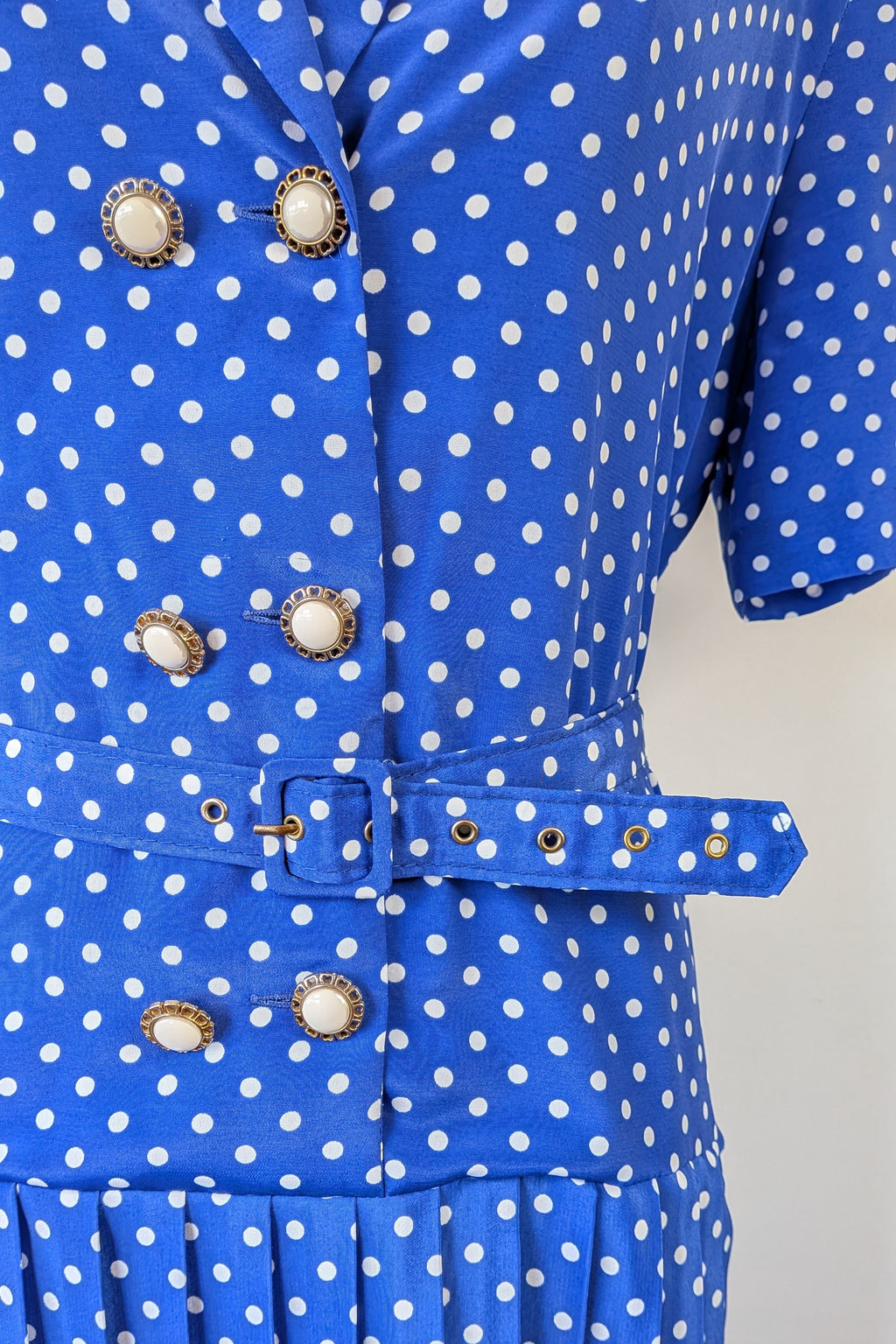 Vintage 80s Today's Classics Blue & White Polka Dot Pleated Tea Dress Size 12