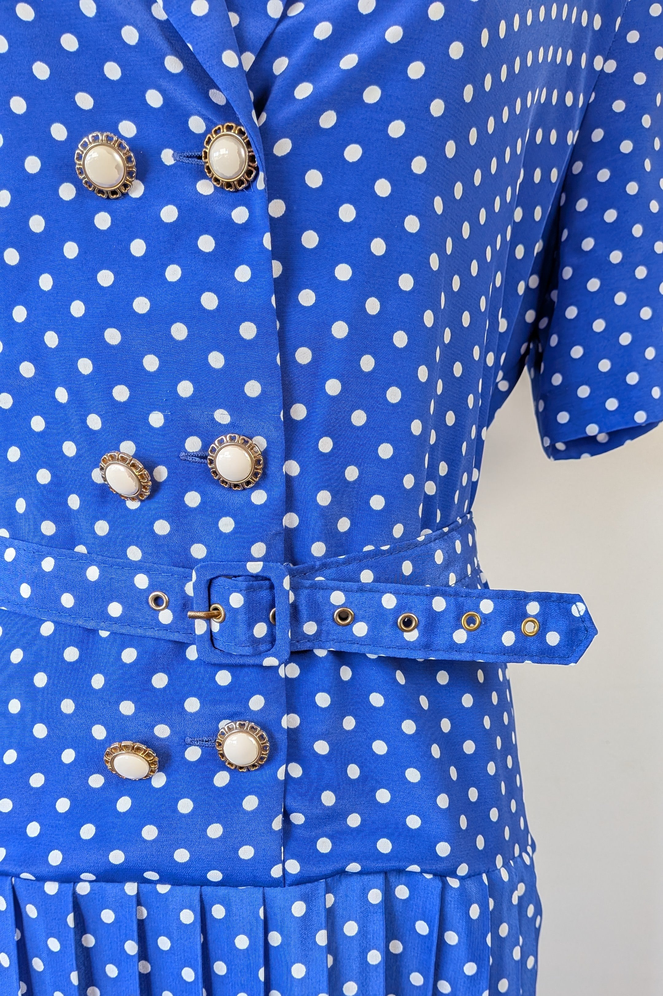 Vintage 80s Today's Classics Blue & White Polka Dot Pleated Tea Dress Size 12