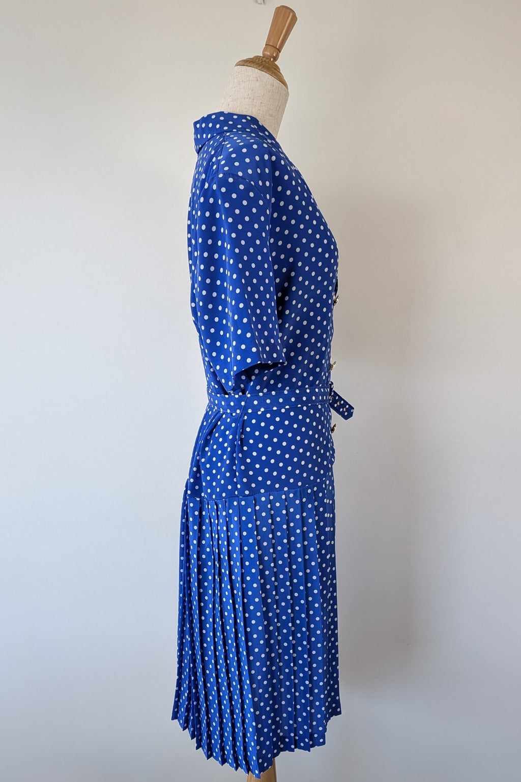 Vintage 80s Today's Classics Blue & White Polka Dot Pleated Tea Dress Size 12