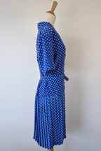 Vintage 80s Today's Classics Blue & White Polka Dot Pleated Tea Dress Size 12