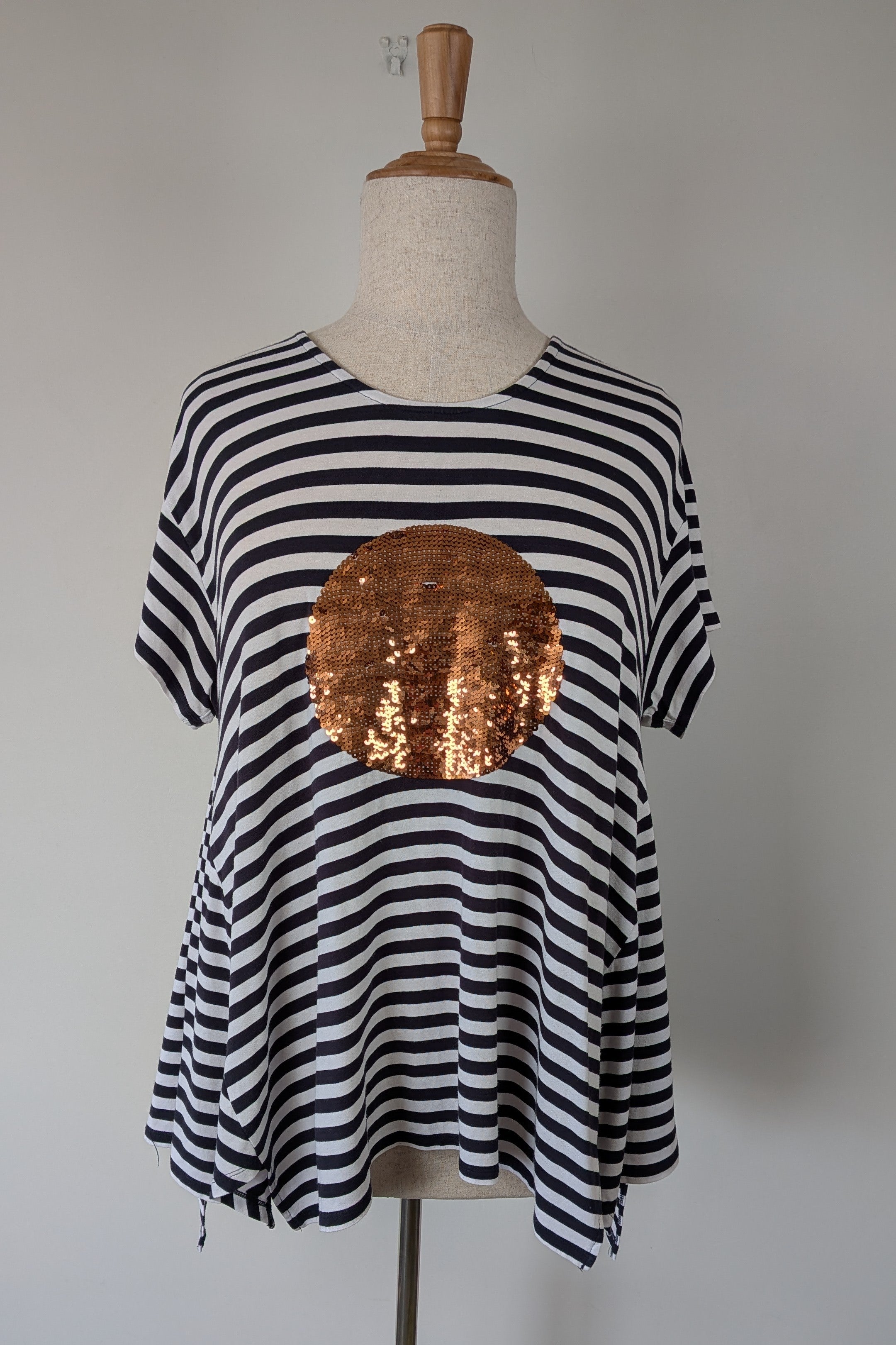 Virtuelle Gold Sequin Spot Stripe Handkerchief Hem Top Size XS
