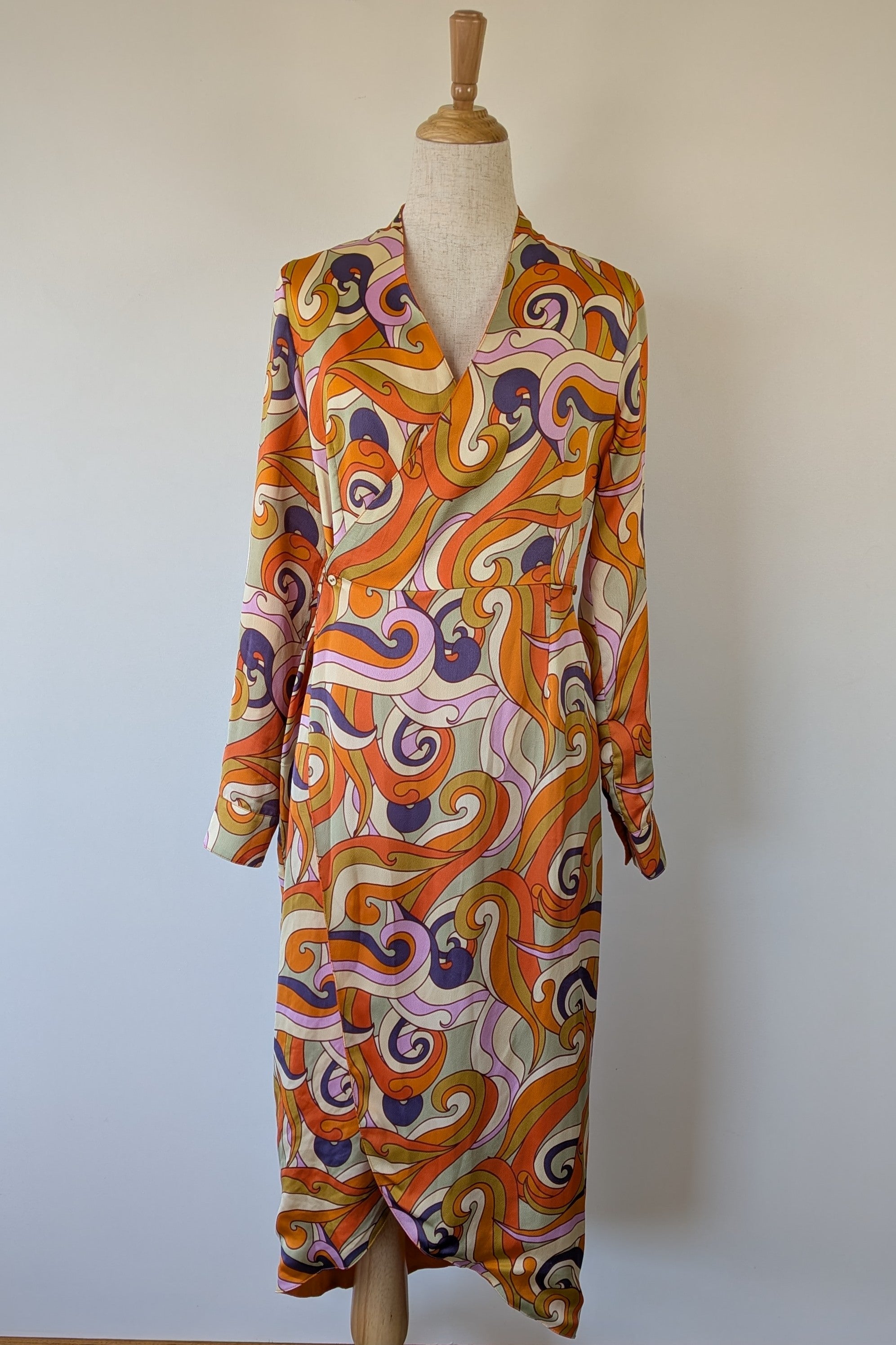 Never Fully Dressed Retro Groove Orange Wrap Midi Dress Size S