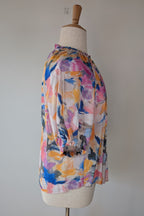 Blue Illusion Painterly Floral Print Peasant Shirt Size L