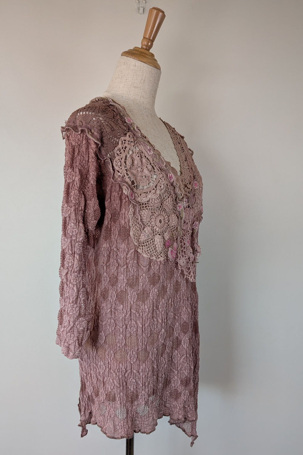 Lace Palace Antique Lace Crochet Pink Fairycore Tunic Top Size S/M