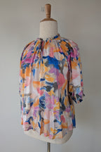 Blue Illusion Painterly Floral Print Peasant Shirt Size L