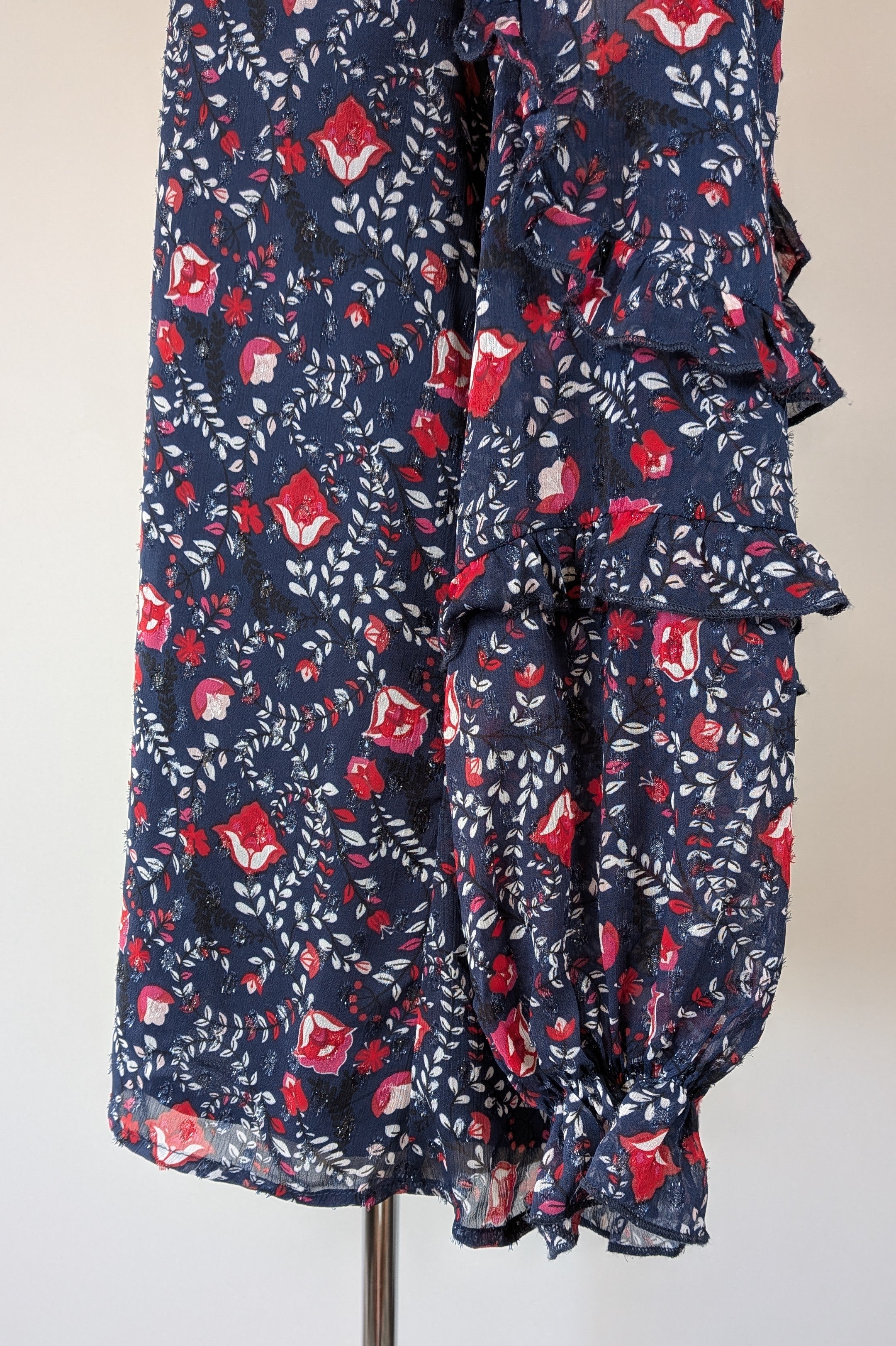 Liz Jordan Designer Collection Frill Trim Lurex Printed Top in Midnight Size 8 BNWT RRP $139.99