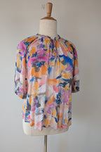 Blue Illusion Painterly Floral Print Peasant Shirt Size L