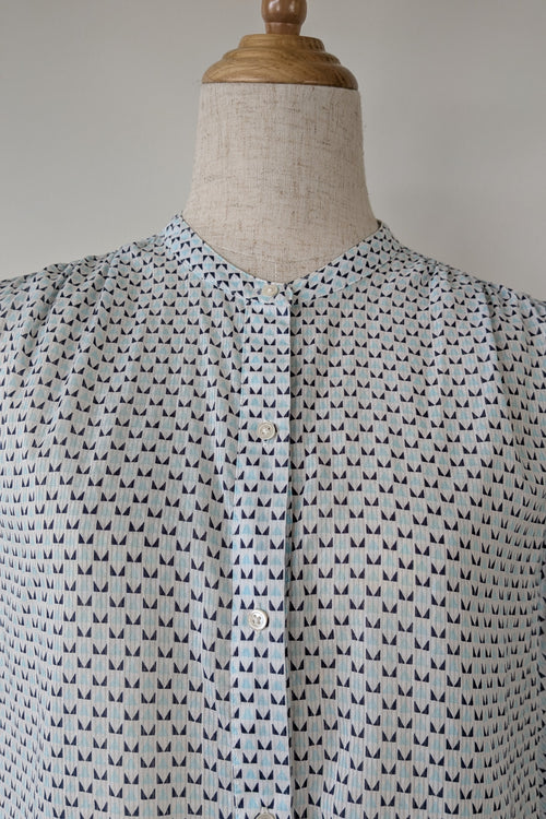 Country Road Blue Geometric Cotton Puff Sleeve Shirt Size S