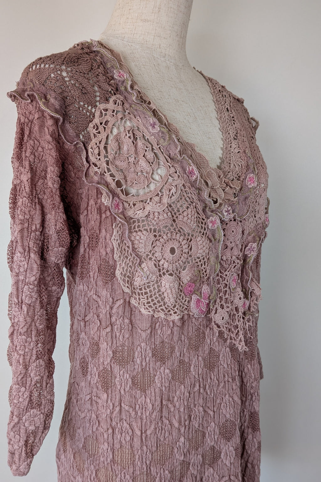 Lace Palace Antique Lace Crochet Pink Fairycore Tunic Top Size S/M
