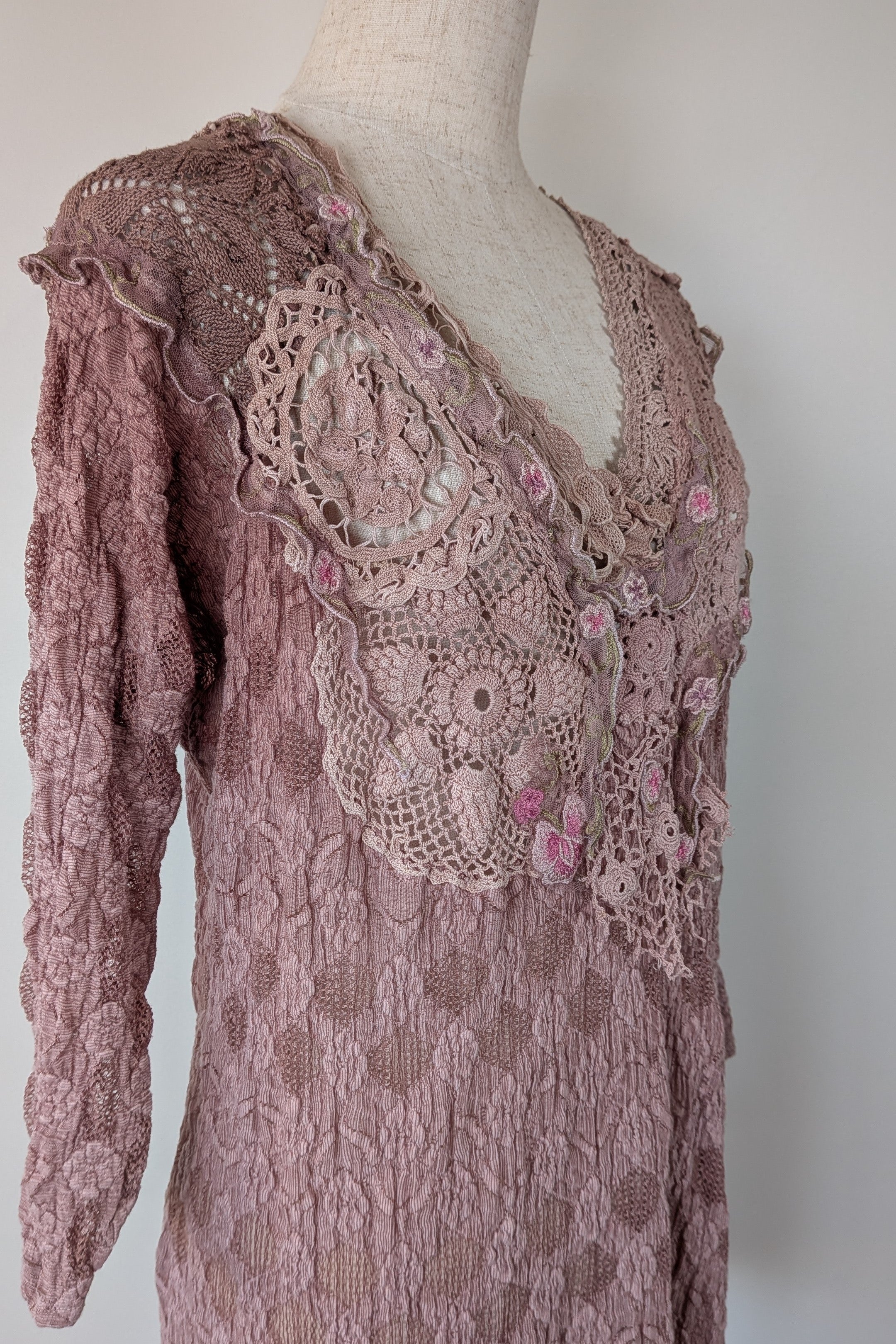 Lace Palace Antique Lace Crochet Pink Fairycore Tunic Top Size S/M